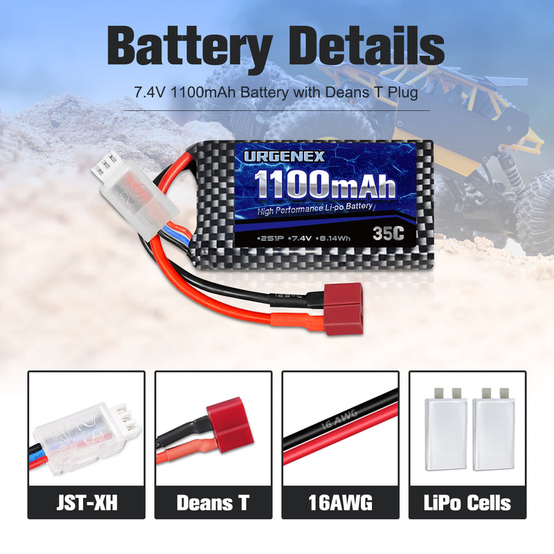 Load image into Gallery viewer, URGENEX 7.4V 1100mAh 2S 35C RC LiPo Battery with DeansT Plug