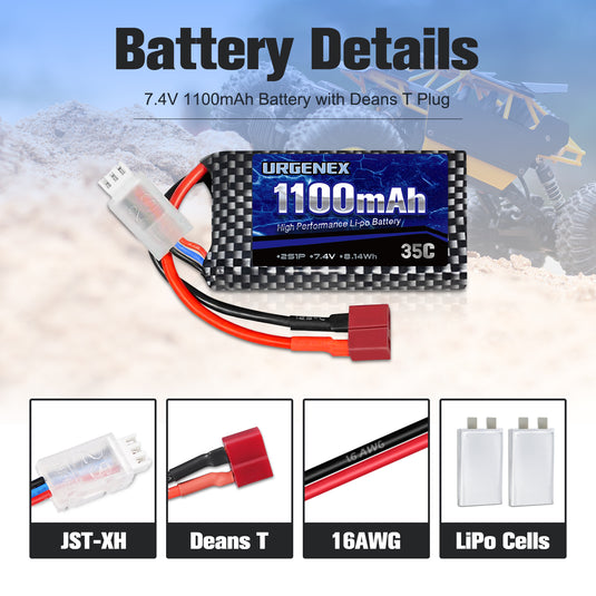 URGENEX 7.4V 1100mAh 2S 35C RC LiPo Battery with DeansT Plug