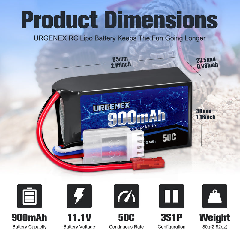 Load image into Gallery viewer, URGENEX 11.1V 900mAh Lipo Battery 3S 50C High Discharge Rate RC Battery Pack with JST Plug Rechargeable Lipos for RC Airplane Racing Drone Helicopter Quadcopter Micro FPV RC Car Truck Boat