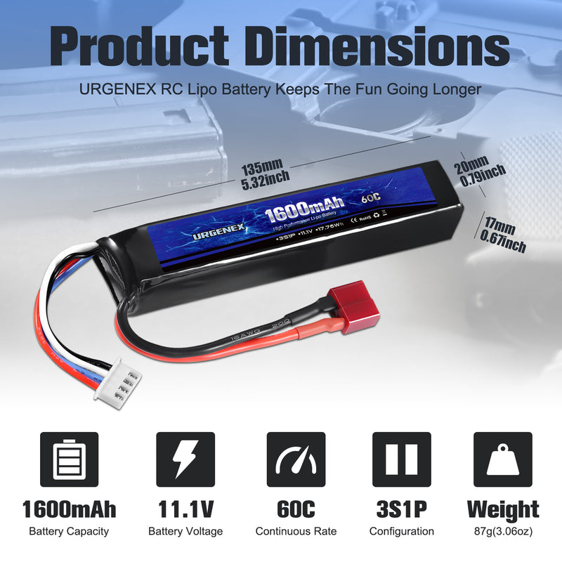 Load image into Gallery viewer, URGENEX Airsoft Battery 11.1V 1600mAh 60C High Discharge Rate Lipo Battery Pack with Deans T Plug Rechargeable 3S Lipo Battery for Airsoft Model Guns