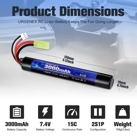 URGENEX 3000mAh Airsoft Battery 7.4V Stick Battery with Mini Tamiya Plug 2S Rechargeable Stick Shape RC Lithium-ion Fit for Most Airsoft Model Guns Rifles