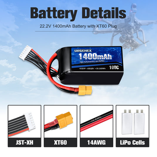 URGENEX 6S Lipo Battery 1400mAh 22.2V 100C with XT60 Plug RC Battery Fit for RC FPV Racing Drone Quadcopter Helicopter Airplane Racing Models 1PCS