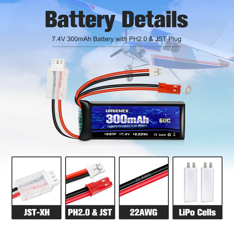 Load image into Gallery viewer, URGENEX SCX24 Battery 7.4V Lipos 2S 60C(Burst 120C) 300mAh Rechargeable Mini Lithium Battery with JST&PH2.0 Double Discharge Plug Fit for SCX24 RC Car WLtoys RC Truck Mini Battery Power for Airplane