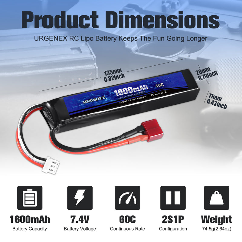 Load image into Gallery viewer, URGENEX Airsoft Battery 7.4V 1600mAh 60C High Discharge Rate Lipo Battery Pack with Deans T Plug Rechargeable 2S Lipo Battery for Airsoft Model Guns