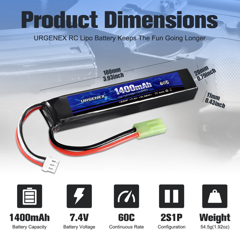 Load image into Gallery viewer, URGENEX Airsoft Battery 7.4V 1400mAh 60C High Discharge Rate Lipo Battery Pack with Mini Tamiya Plug Rechargeable 2S Lipo Battery for Airsoft Model Guns
