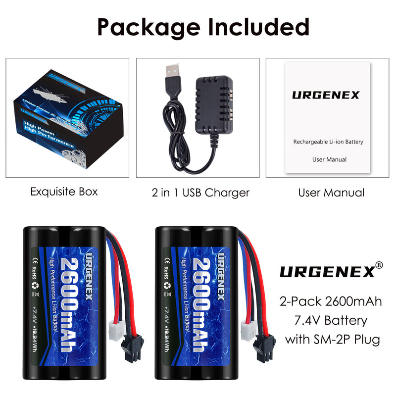Load image into Gallery viewer, URGENEX 2600mAh 7.4V Li-ion Battery with SM-2P Plug 2S Rechargeable RC Battery Compatible with Most WPL MN RC Cars Trucks and H101 RC Boat High Capacity RC Batteries with 7.4V 1 to 2 USB Charger