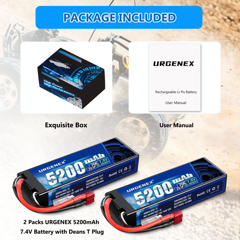 Load image into Gallery viewer, URGENEX 7.4V 5200mAh Lipo Battery 2S 70C High Discharge Rate RC Batteries with Deans T Plug Fit for RC Car Truck, RC Airplane, FPV Drone, UAV Quadcopter and Helicopter