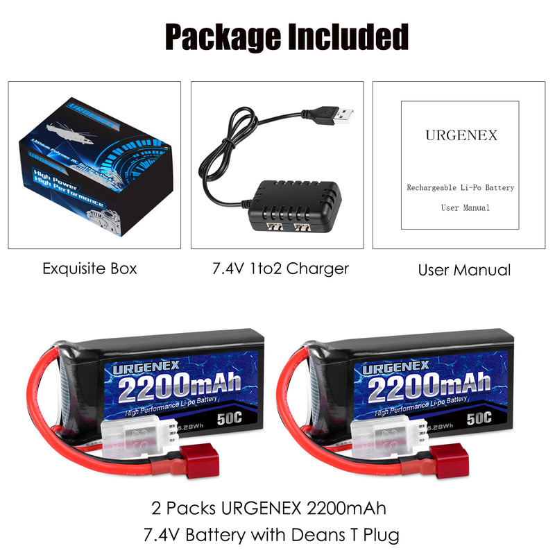 Load image into Gallery viewer, URGENEX 7.4V 2200mAh Lipo Battery 50C High Discharge Rate RC Batteries Deans T Plug with 1 to 2 USB Charger Charges quickly,  Great Runtime and Power Fit for RC Car Truggy, RC Airplane, FPV Drone, UAV Quadcopter and Helicopter