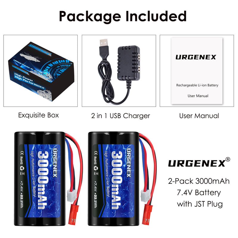 Load image into Gallery viewer, URGENEX 3000mAh 7.4 V Li-ion Battery with JST Plug 2S Rechargeable High Capacity RC Battery with 1 to 2 USB Charger Fit for RC Helicopter Car Truck and RC Boats