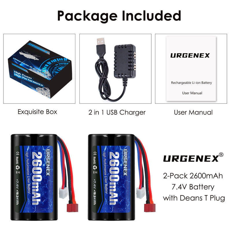 Load image into Gallery viewer, URGENEX 2600mAh 7.4 V Li-ion Battery with Deans T Plug 2S Rechargeable RC Battery Fit for WLtoys 4WD High Speed RC Cars and Most 1/10, 1/12, 1/16 Scale RC Cars Trucks with 7.4V Battery Charger
