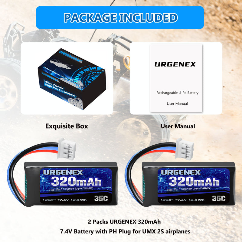 Load image into Gallery viewer, URGENEX 7.4V Lipo Battery 2S 35C 320mAh Rechargeable Lipo Battery with PH2.0 3PIN Plug Compatible with UMX 2S Airplane