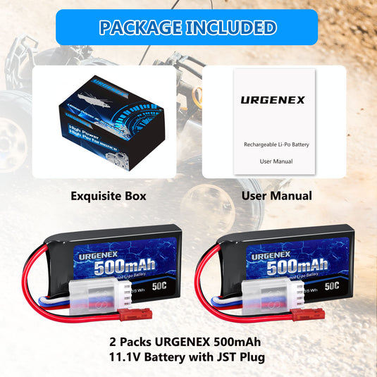 URGENEX 11.1V 500mAh Lipo Battery 3S 50C High Discharge Rate RC Battery Pack with JST Plug Rechargeable Lipos for RC Airplane Racing Drone Helicopter Quadcopter Micro FPV RC Car Truck Boat (2 Packs)