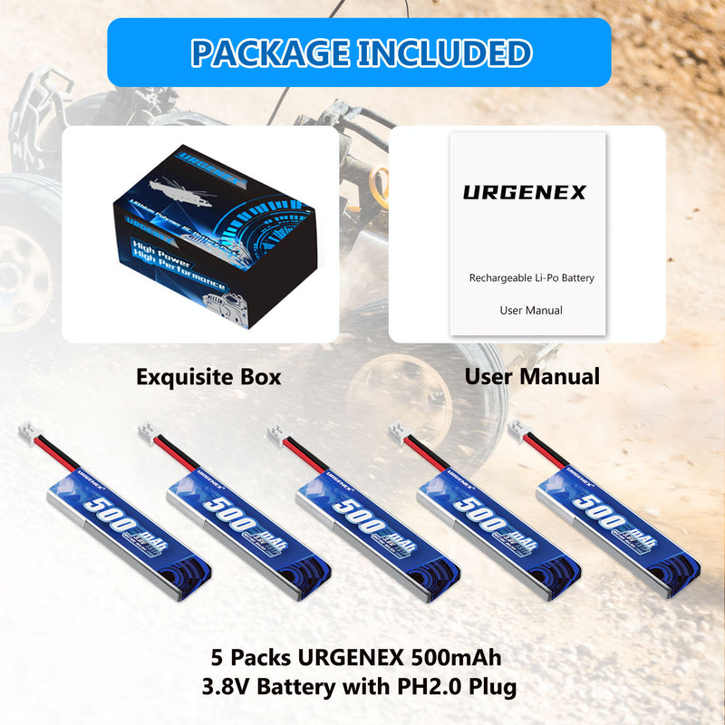 Load image into Gallery viewer, URGENEX 5PCS EMAX Battery 1S 500mAh 3.8V HV Lipo Battery 80C High Discharge Rate RC Drone Battery with PH2.0 Plug Fit for EMAX Quadcopter and Most 1S Racing Drone FPV