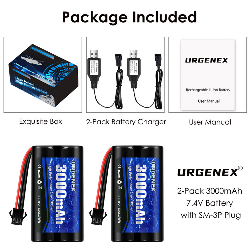 Load image into Gallery viewer, URGENEX 2S RC Battery 3000mAh 7.4V Li-ion Battery with SM3P Plug 2S Rechargeable RC Battery with 2 USB Chargers Fit for RC Toys RC Car Truck and RC Tank