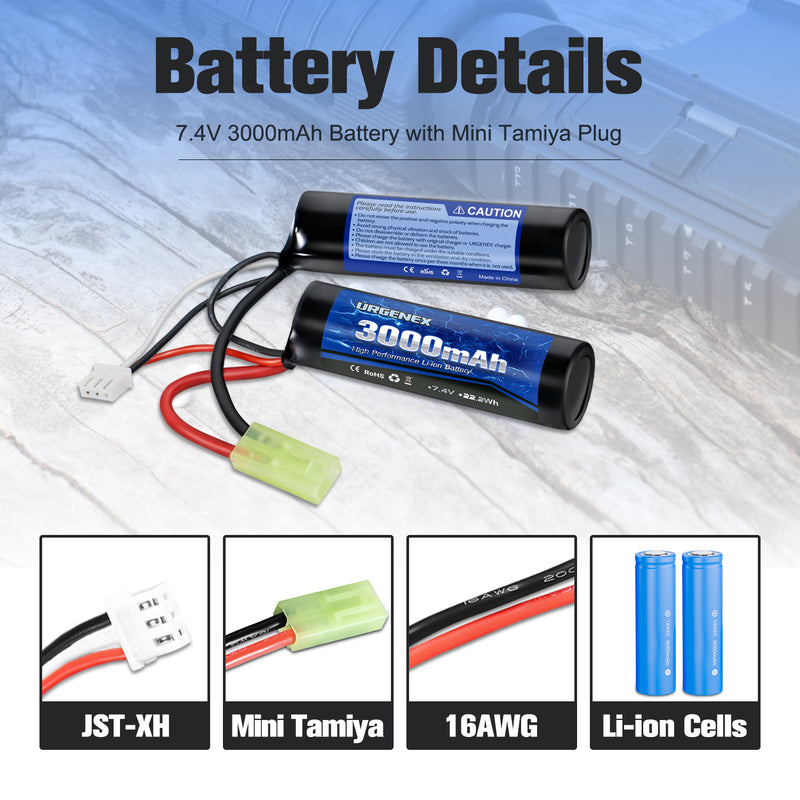Load image into Gallery viewer, URGENEX 3000mAh Airsoft Battery 7.4V Nunchuck Battery with Mini Tamiya Plug 2S Rechargeable Stick Shape Butterfly Battery Fit for Most Airsoft Model Guns Rifles