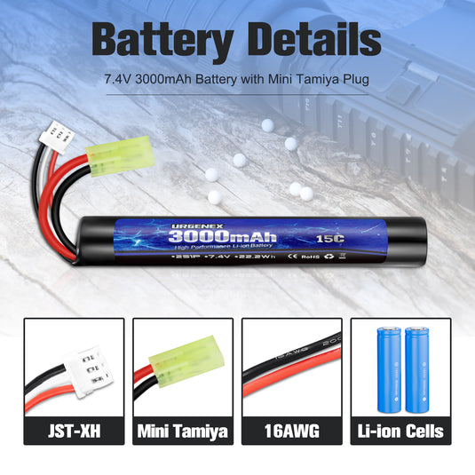 URGENEX 3000mAh Airsoft Battery 7.4V Stick Battery with Mini Tamiya Plug 2S Rechargeable Stick Shape RC Lithium-ion Fit for Most Airsoft Model Guns Rifles