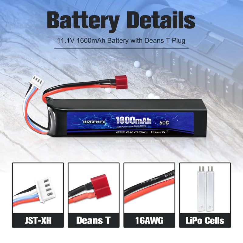Load image into Gallery viewer, URGENEX Airsoft Battery 11.1V 1600mAh 60C High Discharge Rate Lipo Battery Pack with Deans T Plug Rechargeable 3S Lipo Battery for Airsoft Model Guns