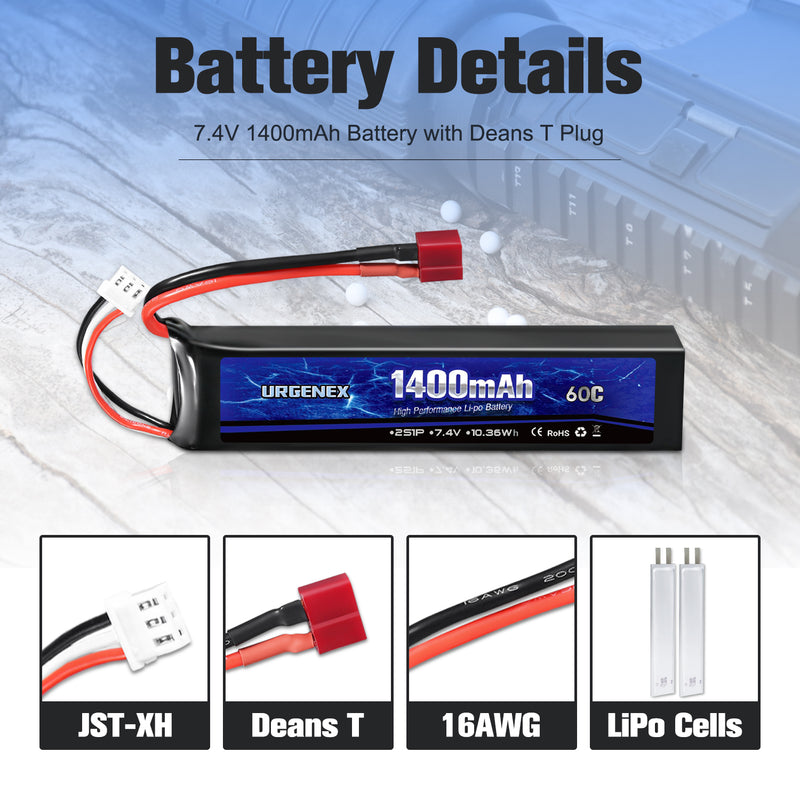 Load image into Gallery viewer, URGENEX Airsoft Battery 7.4V 1400mAh 60C High Discharge Rate Lipo Battery Pack with Deans T Plug Rechargeable 2S Lipo Battery for Airsoft Model Guns