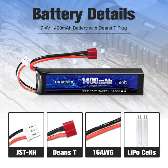 URGENEX Airsoft Battery 7.4V 1400mAh 60C High Discharge Rate Lipo Battery Pack with Deans T Plug Rechargeable 2S Lipo Battery for Airsoft Model Guns