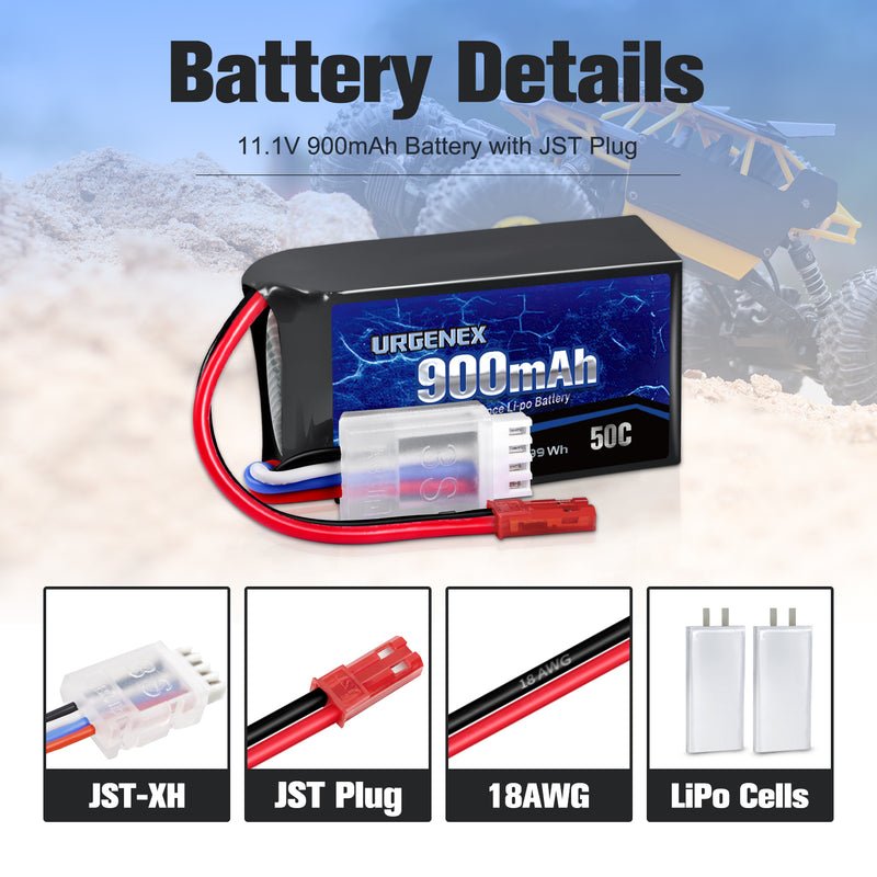 Load image into Gallery viewer, URGENEX 11.1V 900mAh Lipo Battery 3S 50C High Discharge Rate RC Battery Pack with JST Plug Rechargeable Lipos for RC Airplane Racing Drone Helicopter Quadcopter Micro FPV RC Car Truck Boat