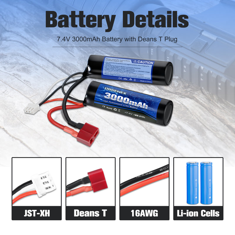 Load image into Gallery viewer, URGENEX 3000mAh Airsoft Battery 7.4V Nunchuck Battery with Deans T Plug 2S Rechargeable Stick Shape Butterfly Battery Fit for Most Airsoft Model Guns Rifles