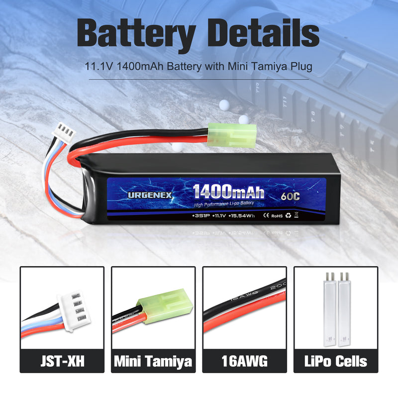 Load image into Gallery viewer, URGENEX Airsoft Battery 11.1V 1400mAh 60C High Discharge Rate Lipo Battery Pack with Mini Tamiya Plug Rechargeable 3S Lipo Battery for Airsoft Model Guns
