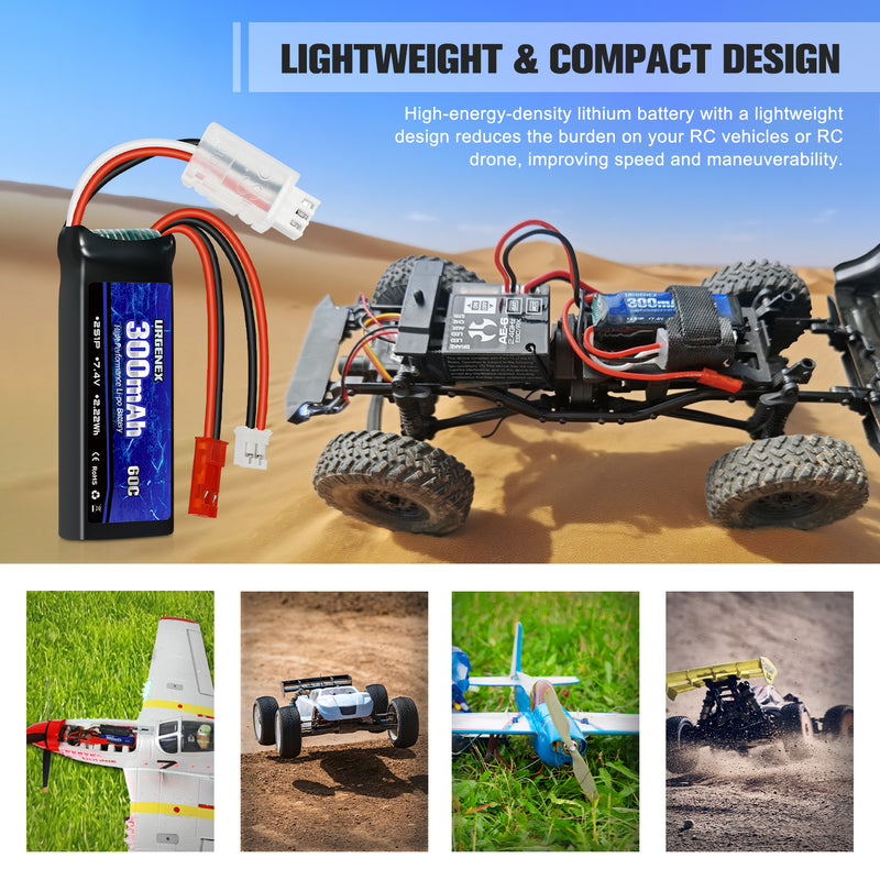 Load image into Gallery viewer, URGENEX SCX24 Battery 7.4V Lipos 2S 60C(Burst 120C) 300mAh Rechargeable Mini Lithium Battery with JST&PH2.0 Double Discharge Plug Fit for SCX24 RC Car WLtoys RC Truck Mini Battery Power for Airplane