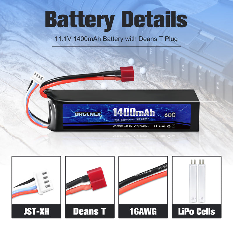 Load image into Gallery viewer, URGENEX Airsoft Battery 11.1V 1400mAh 60C High Discharge Rate Lipo Battery Pack with Deans T Plug Rechargeable 3S Lipo Battery for Airsoft Model Guns