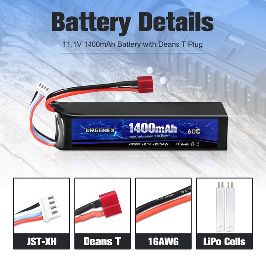 URGENEX Airsoft Battery 11.1V 1400mAh 60C High Discharge Rate Lipo Battery Pack with Deans T Plug Rechargeable 3S Lipo Battery for Airsoft Model Guns