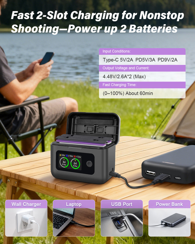 Load image into Gallery viewer, Insta 360 X5 Batteries 2 Pack 2800mAh 3.89V Replacement Camera Battery with Dual 2 Slot LCD Visual Display 27W Rapid Charging Hub, Compatible with Insta 360 X5 Action Camera (2 Batteries+ Charging Box / Only Charger Box)