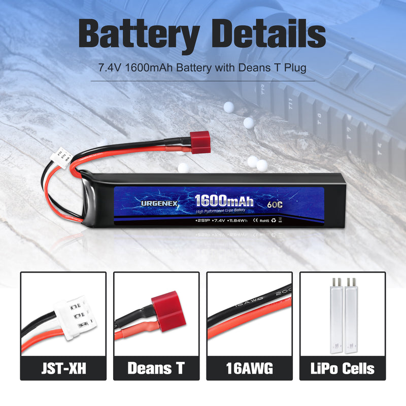 Load image into Gallery viewer, URGENEX Airsoft Battery 7.4V 1600mAh 60C High Discharge Rate Lipo Battery Pack with Deans T Plug Rechargeable 2S Lipo Battery for Airsoft Model Guns