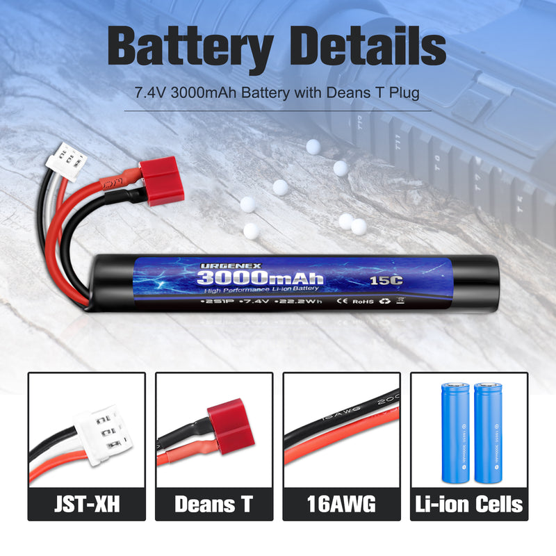 Load image into Gallery viewer, URGENEX 3000mAh Airsoft Battery 7.4V Stick Battery with Deans T Plug 2S Rechargeable Stick Shape RC Lithium-ion Fit for Most Airsoft Model Guns Rifles