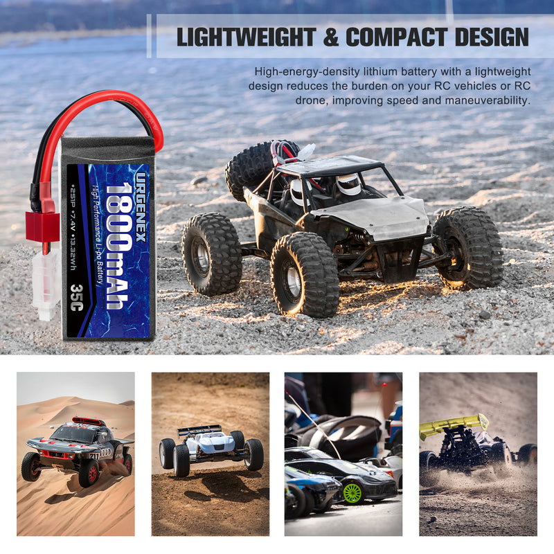 Load image into Gallery viewer, URGENEX 7.4v RC Car Battery1800mah RC Lipo Batteries With Deans T Plug Longer Expected and Full to 8.40v Campatibal With Most 1/10, 1/16 Scale RC Cars Trucks and 1to2 USB Charger