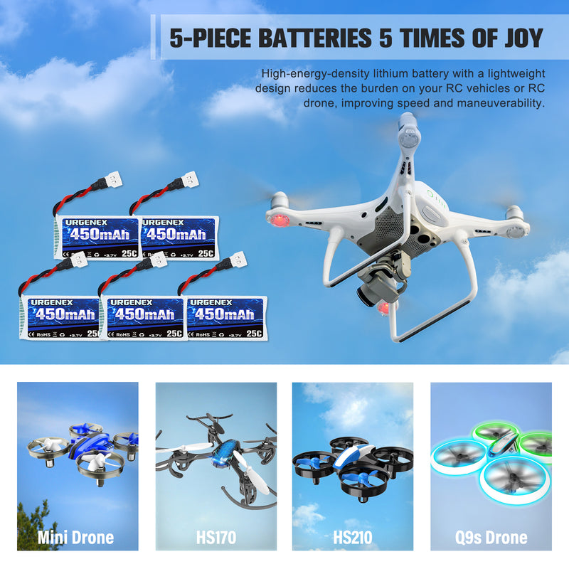 Load image into Gallery viewer, URGENEX 3.7V Drone Battery 450mAh 25C 1S Lipo Battery Fit for SYMA Holy Stone Drone Quadcopter Aircraft Parts 5PCS RC Battery with 5in1 Charger