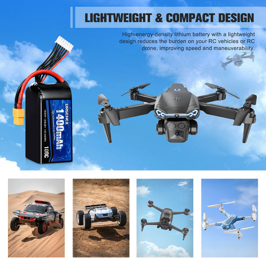 URGENEX 6S Lipo Battery 1400mAh 22.2V 100C with XT60 Plug RC Battery Fit for RC FPV Racing Drone Quadcopter Helicopter Airplane Racing Models 1PCS