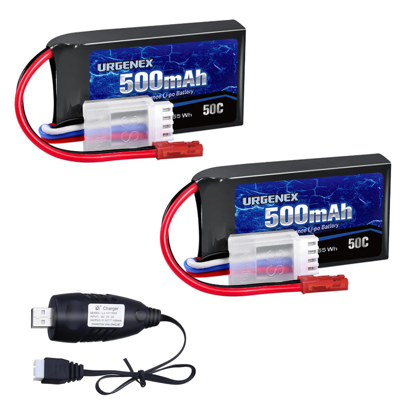 Load image into Gallery viewer, URGENEX 11.1V 500mAh Lipo Battery 3S 50C High Discharge Rate RC Battery Pack with JST Plug Rechargeable Lipos for RC Airplane Racing Drone Helicopter Quadcopter Micro FPV RC Car Truck Boat (2 Packs)