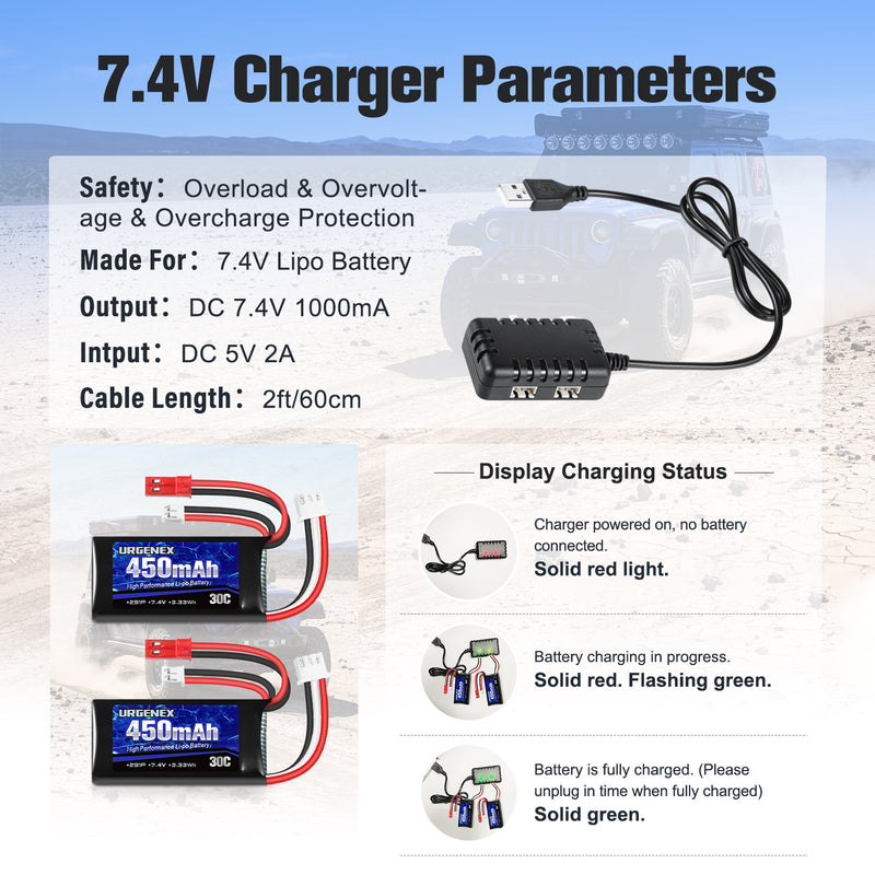 Load image into Gallery viewer, URGENEX 2S 30C 450mAh Rechargeable Light Lipo Battery with JST & PH2.0 Plug Low Internal Efficient Energy Fit for Most Mini Crawl Car SCX24 RC Car Truck And RC Drone Airplane
