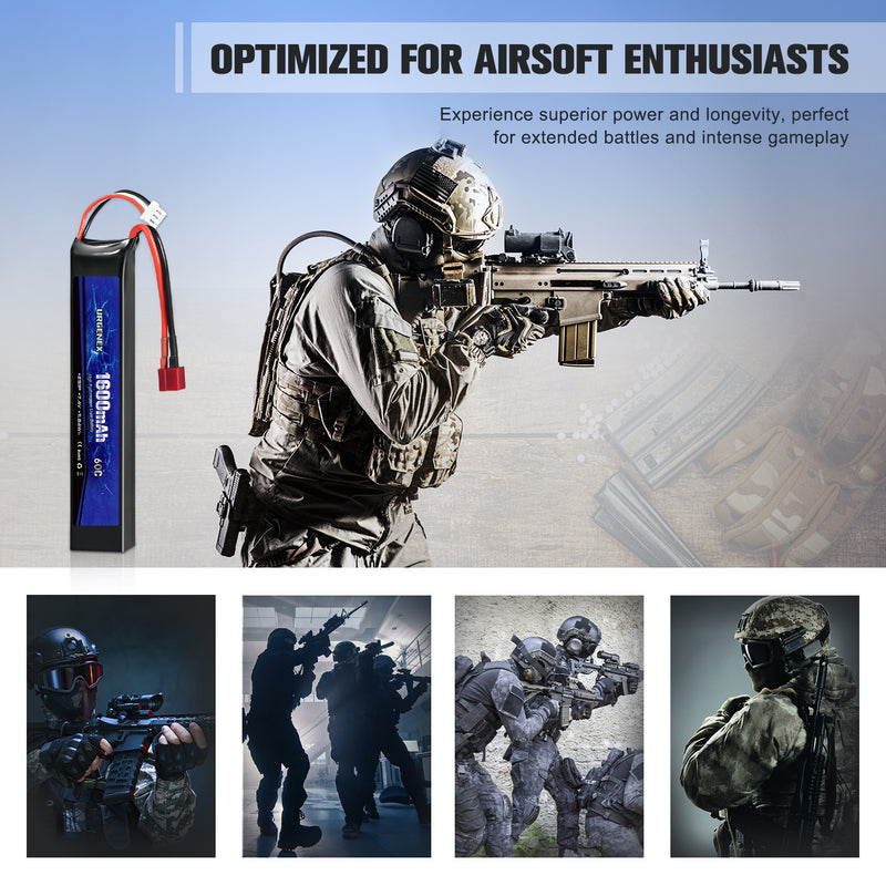 Load image into Gallery viewer, URGENEX Airsoft Battery 7.4V 1600mAh 60C High Discharge Rate Lipo Battery Pack with Deans T Plug Rechargeable 2S Lipo Battery for Airsoft Model Guns
