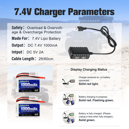 URGENEX 2S 7.4 V 1000 mAh 35C Rechargeable RC Lipo Battery With JST Plug Compatible With WLtoys RC Cars A949 A959 A969 A979 K929、1/14 Scale Brushless Racing RC Truck And WLtoys V262, V333, V353B, V666, Q212 and Other RC Helicopters