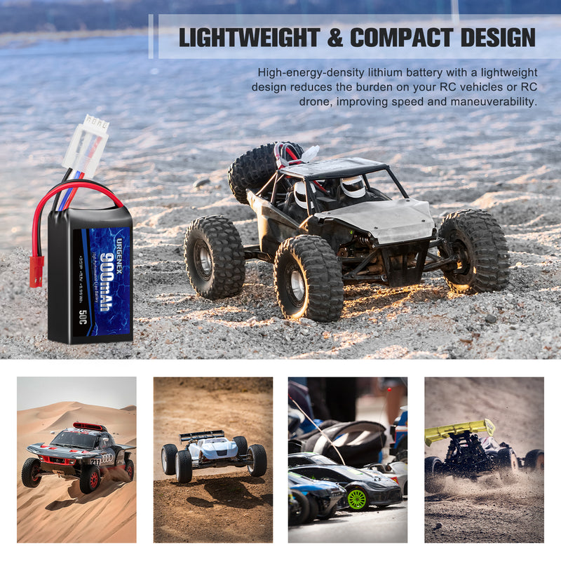 Load image into Gallery viewer, URGENEX 11.1V 900mAh Lipo Battery 3S 50C High Discharge Rate RC Battery Pack with JST Plug Rechargeable Lipos for RC Airplane Racing Drone Helicopter Quadcopter Micro FPV RC Car Truck Boat