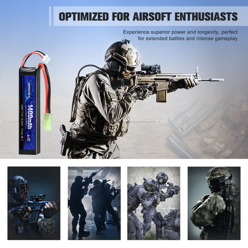 Load image into Gallery viewer, URGENEX Airsoft Battery 7.4V 1400mAh 60C High Discharge Rate Lipo Battery Pack with Mini Tamiya Plug Rechargeable 2S Lipo Battery for Airsoft Model Guns