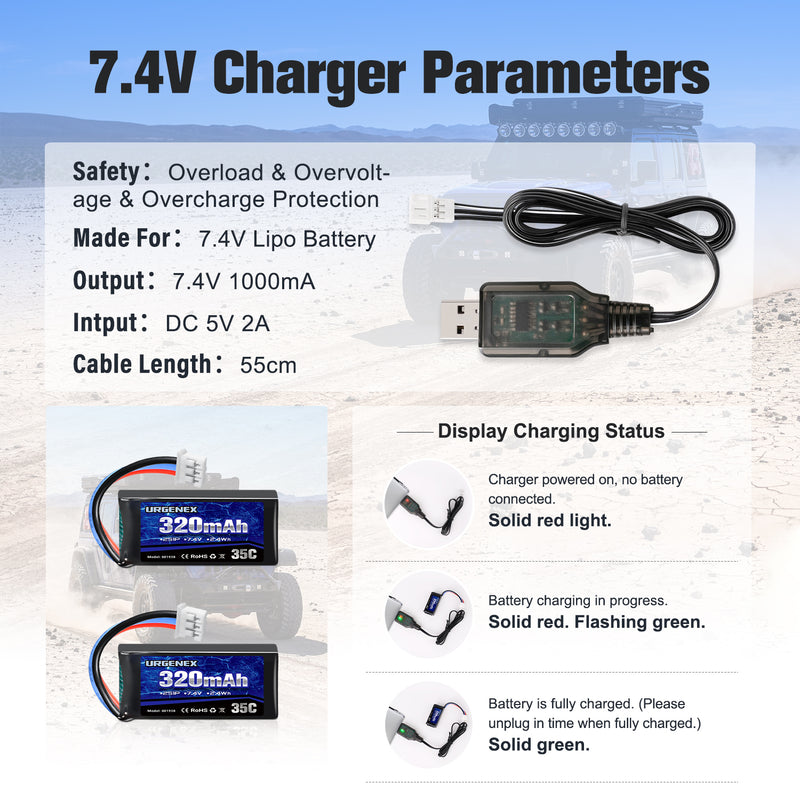 Load image into Gallery viewer, URGENEX 7.4V Lipo Battery 2S 35C 320mAh Rechargeable Lipo Battery PH2.0 3PIN Plug with USB Charger Cable Compatible with UMX 2S Airplane