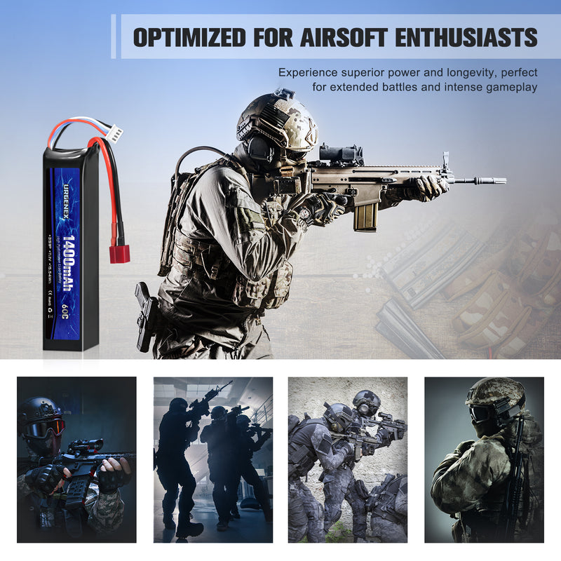 Load image into Gallery viewer, URGENEX Airsoft Battery 11.1V 1400mAh 60C High Discharge Rate Lipo Battery Pack with Deans T Plug Rechargeable 3S Lipo Battery for Airsoft Model Guns