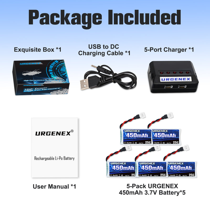 Load image into Gallery viewer, URGENEX 3.7V Drone Battery 450mAh 25C 1S Lipo Battery Fit for SYMA Holy Stone Drone Quadcopter Aircraft Parts 5PCS RC Battery with 5in1 Charger