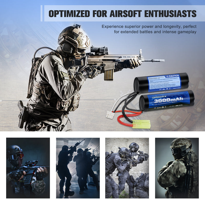 Load image into Gallery viewer, URGENEX 3000mAh Airsoft Battery 7.4V Nunchuck Battery with Mini Tamiya Plug 2S Rechargeable Stick Shape Butterfly Battery Fit for Most Airsoft Model Guns Rifles