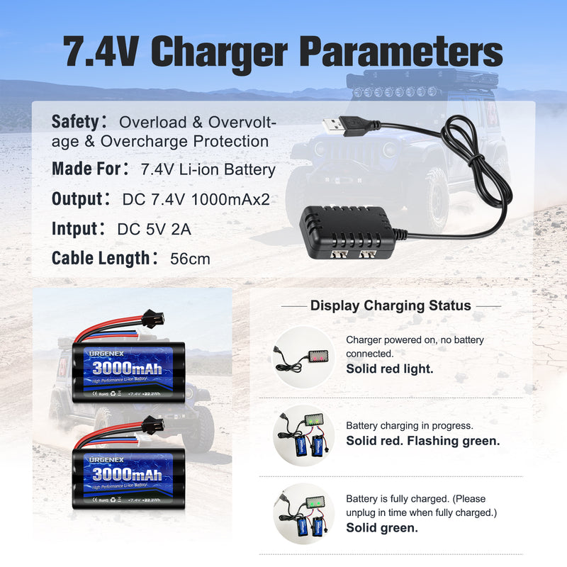 Load image into Gallery viewer, URGENEX 3000mAh 7.4V Li-ion Battery with SM-2P Plug 2S Rechargeable RC Battery Compatible with Most WPL MN RC Cars Trucks and H101 RC Boat High Capacity RC batteries with 7.4V 1 To 2 USB Charger