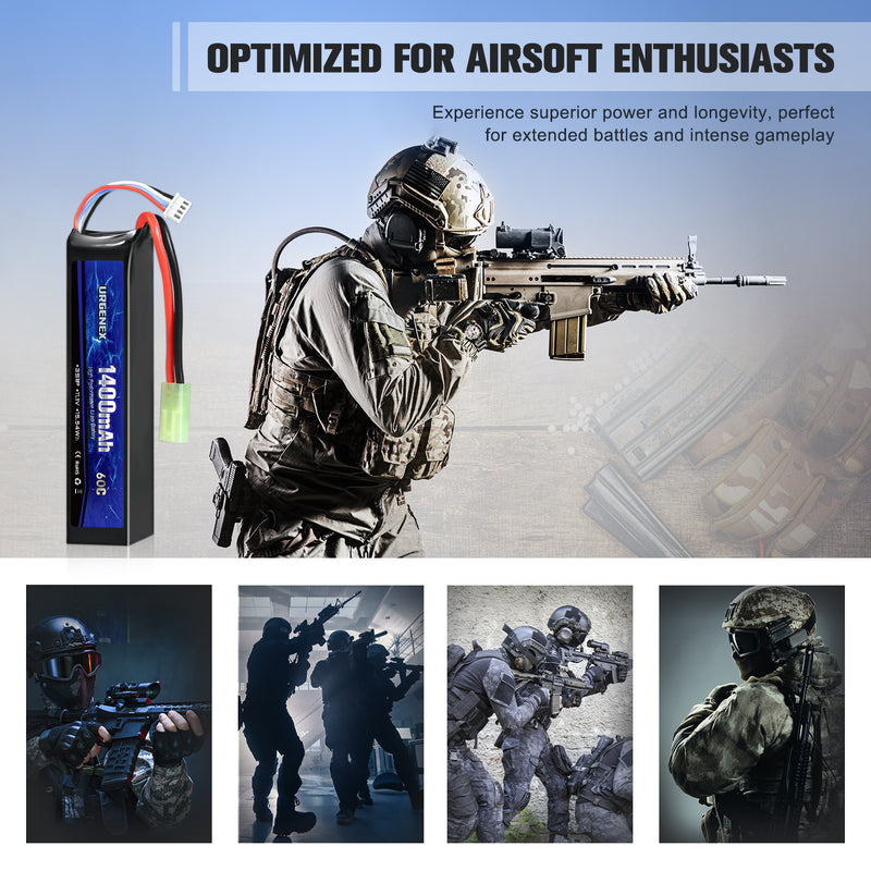 Load image into Gallery viewer, URGENEX Airsoft Battery 11.1V 1400mAh 60C High Discharge Rate Lipo Battery Pack with Mini Tamiya Plug Rechargeable 3S Lipo Battery for Airsoft Model Guns