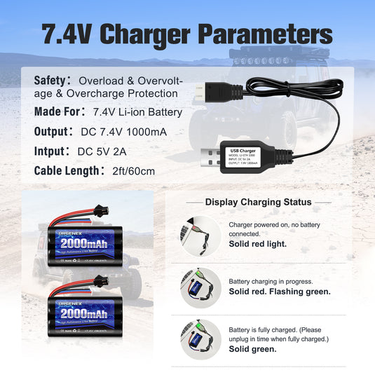 7.4V Li-ion Battery 2000mAh 2S Battery with SM 2P Plug High Capacity for Remote Control RC Boat 1 Pack H101 RC Batteries with 1 USB Chargers