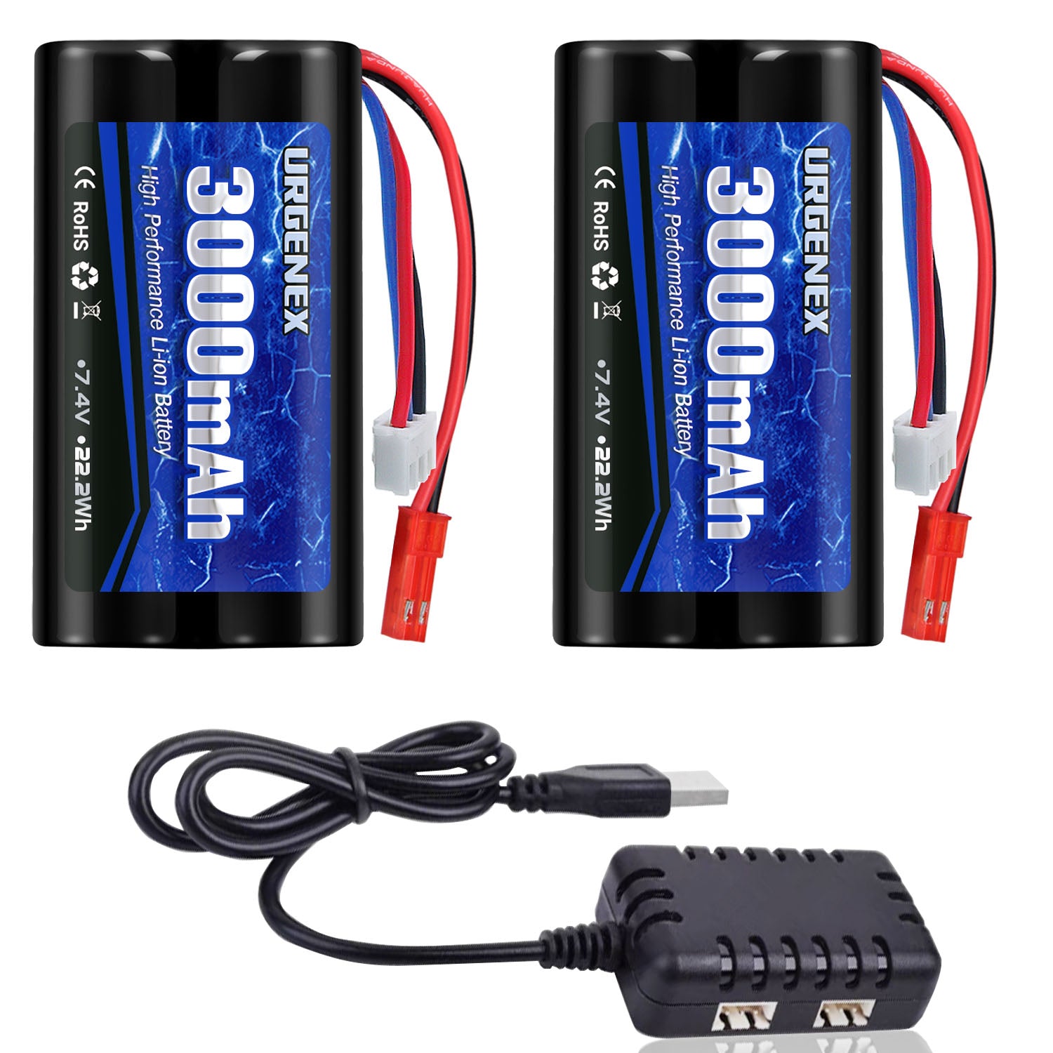 URGENEX 3000mAh 7.4 V Li-ion Battery with JST Plug 2S Rechargeable
