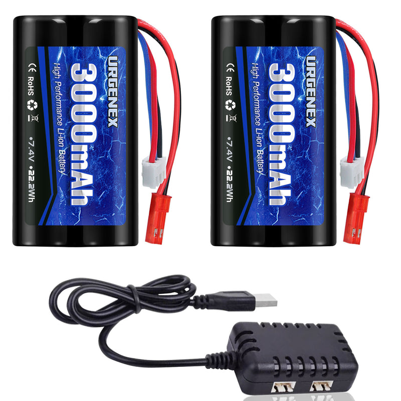 Load image into Gallery viewer, URGENEX 3000mAh 7.4 V Li-ion Battery with JST Plug 2S Rechargeable High Capacity RC Battery with 1 to 2 USB Charger Fit for RC Helicopter Car Truck and RC Boats